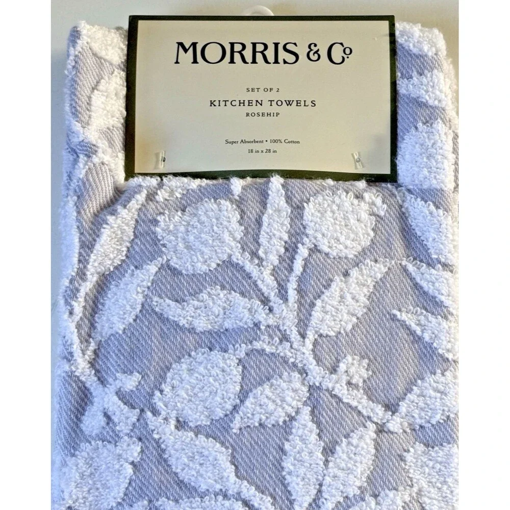 Morris & Co Kitchen Dish Towels Set of 2 Rosehip 100% Cotton Textured Gray